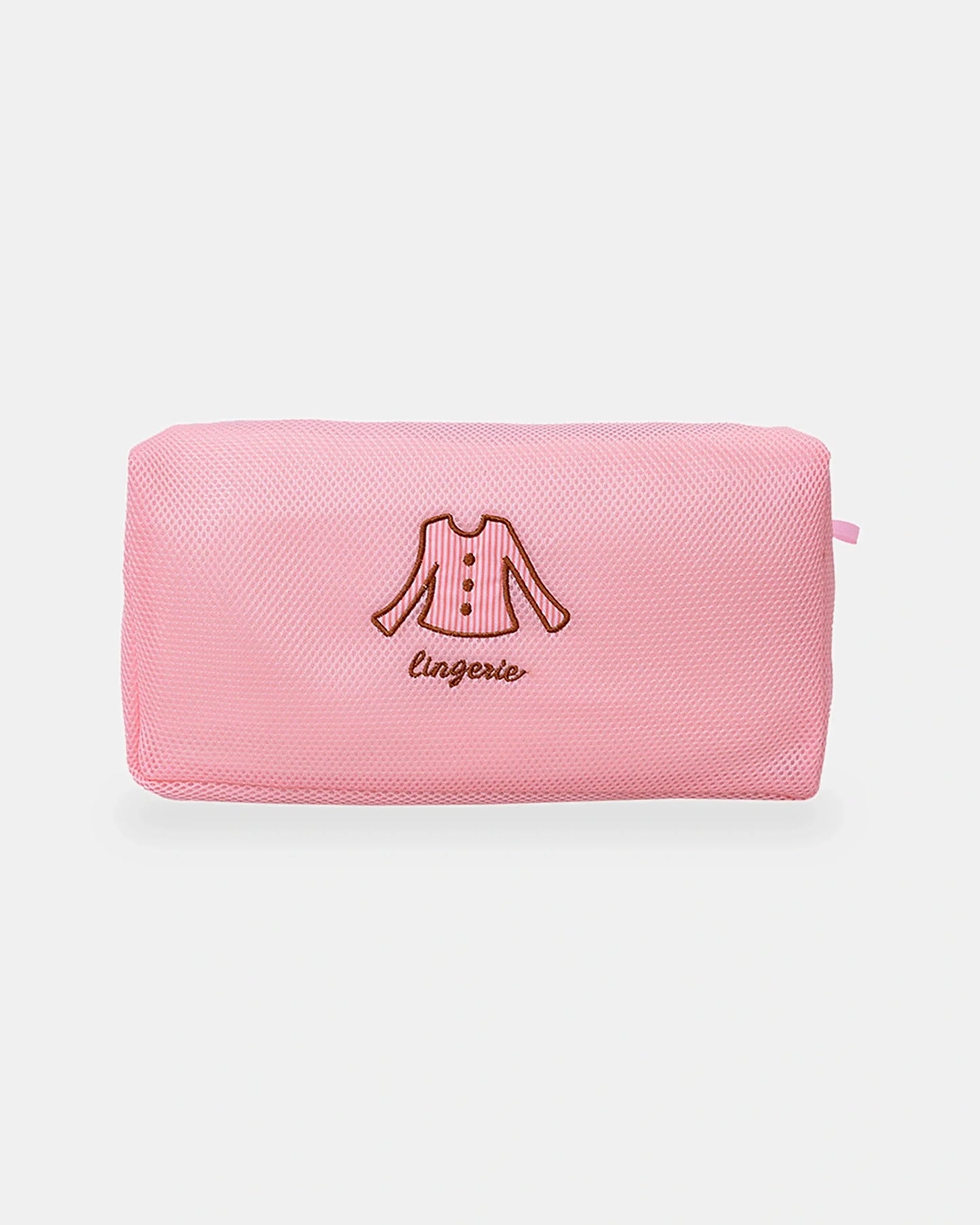 Long rectangular top wash bag in pink mesh, 35 x 17 cm