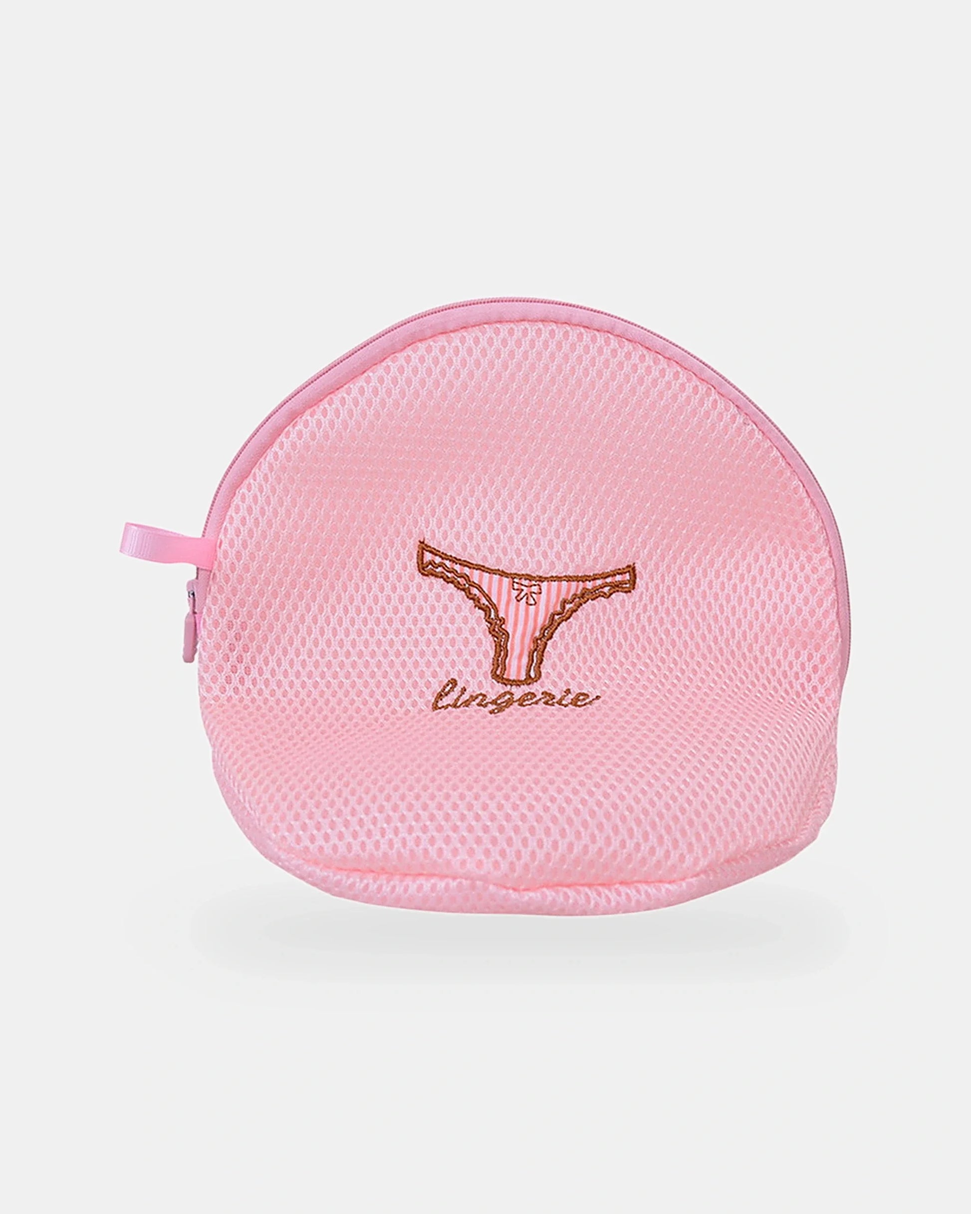 Half-moon lingerie wash bag in pink mesh, 19 x 22 cm