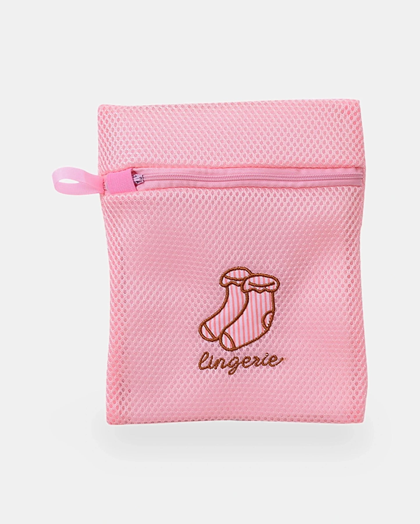 Flat square sock wash bag in pink mesh, 19 x 22 cm