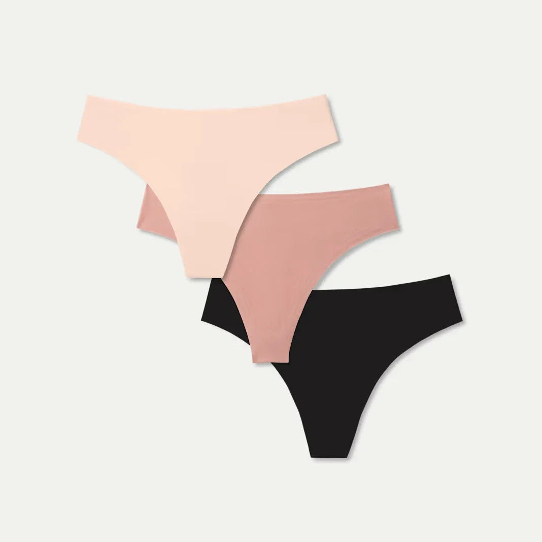 Wear Rose seamless no-show thong in blush, rose and black
