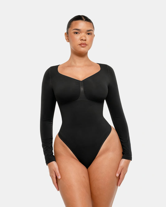 long sleeve ruched bodysuit Black — Wear Rose