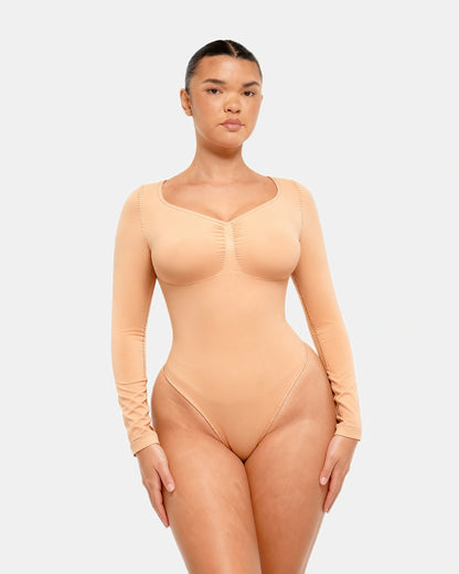long sleeve ruched bodysuit Nude — Wear Rose